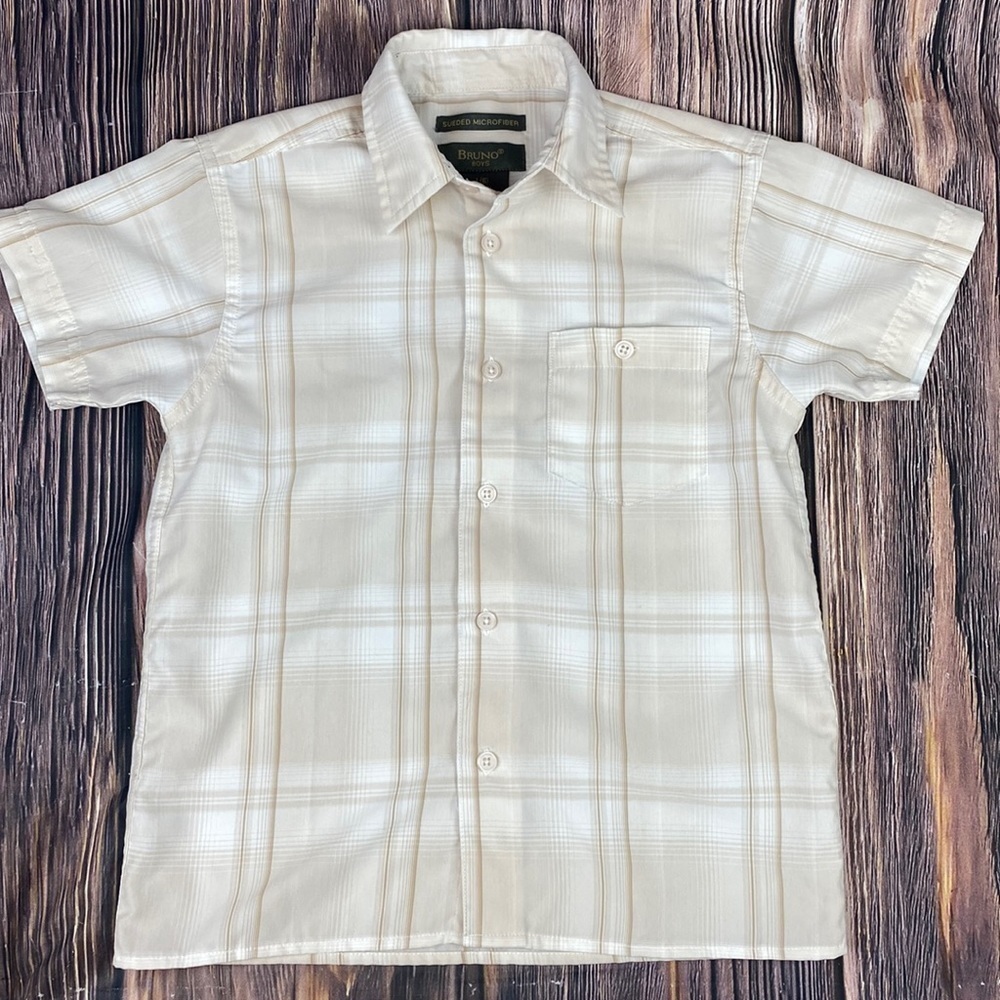 Bruno Boys Cream & Tan Sueded Microfiber Poly Button Down Shirt- Size 6